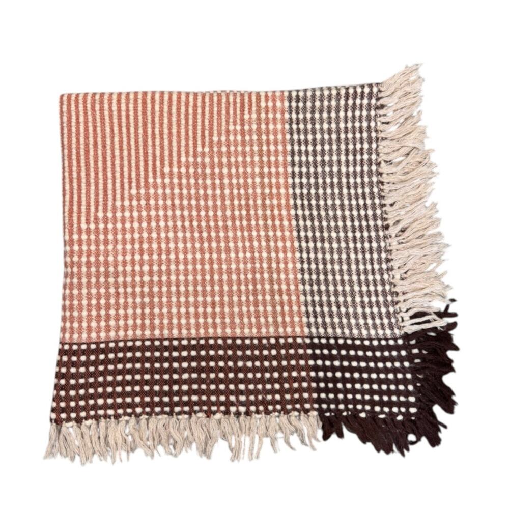 Vintage Wool Woven Fringed Blanket Throw Sized Neutral 56"x56" Textured